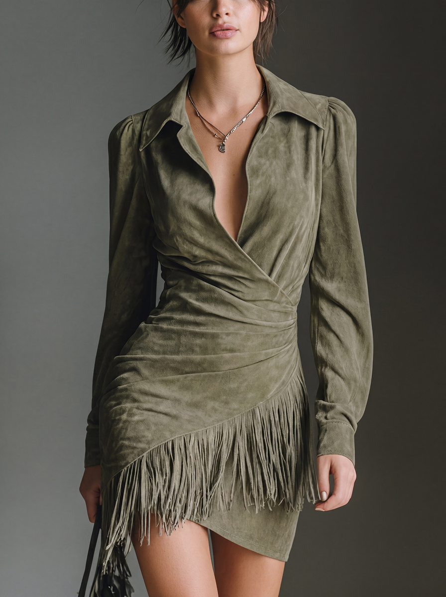 Vestido cruzado con flecos y fruncido lateral