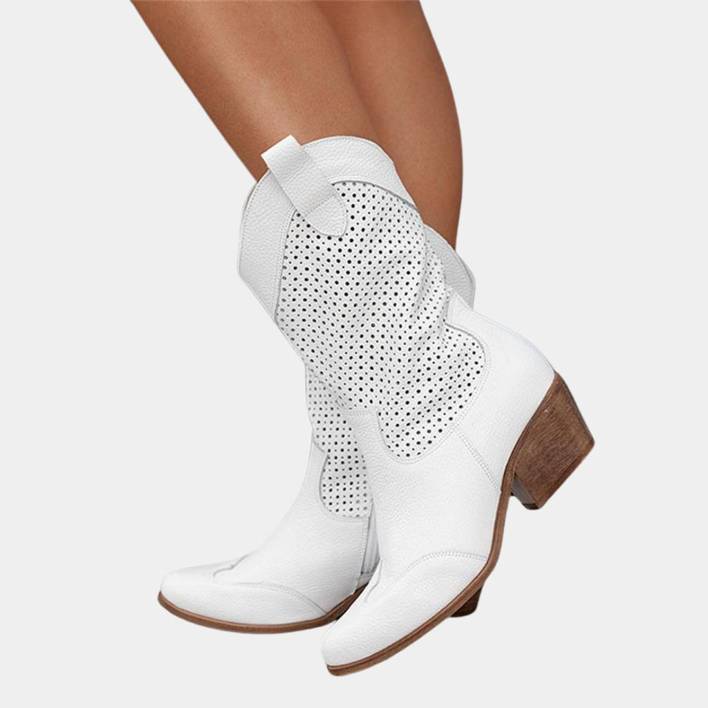 Botas Cowboy Camperas Perforadas Mujer Tacón Bloque