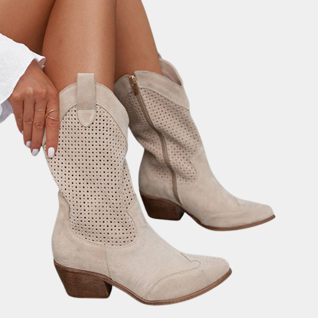 Botas Cowboy Camperas Perforadas Mujer Tacón Bloque