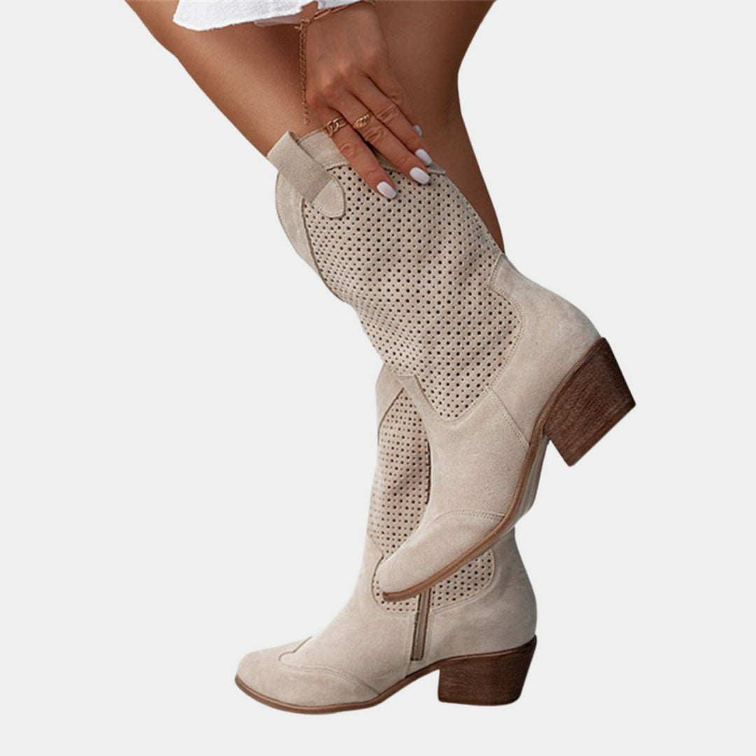 Botas Cowboy Camperas Perforadas Mujer Tacón Bloque