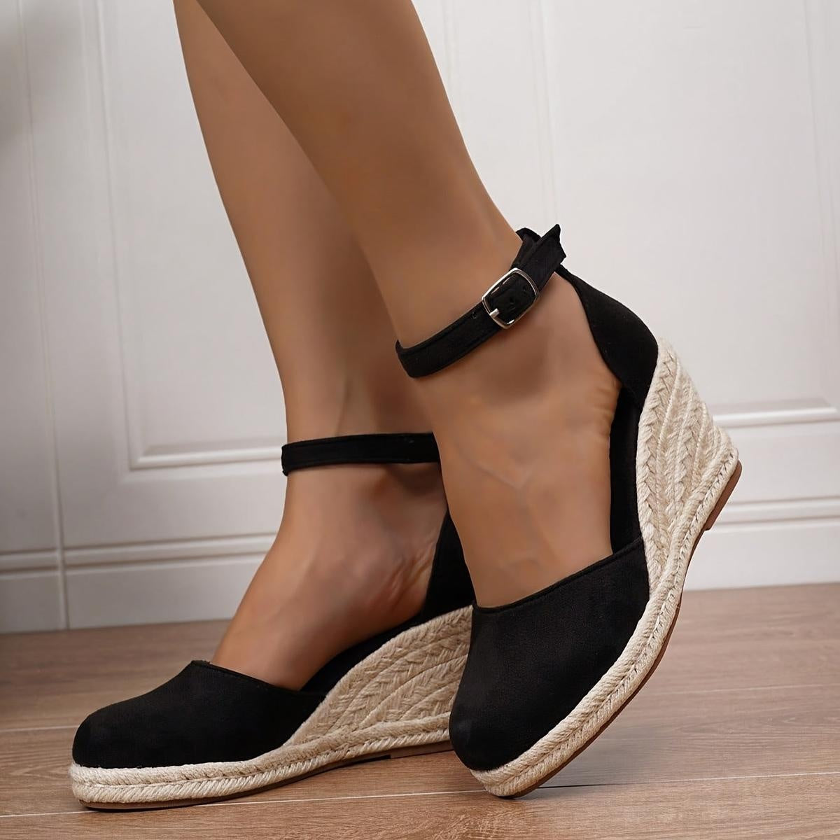 Sandalias de Cuña Plataforma Esparto Mujer Hebilla Tobillo
