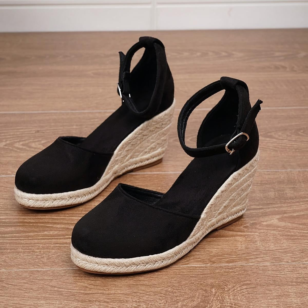 Sandalias de Cuña Plataforma Esparto Mujer Hebilla Tobillo