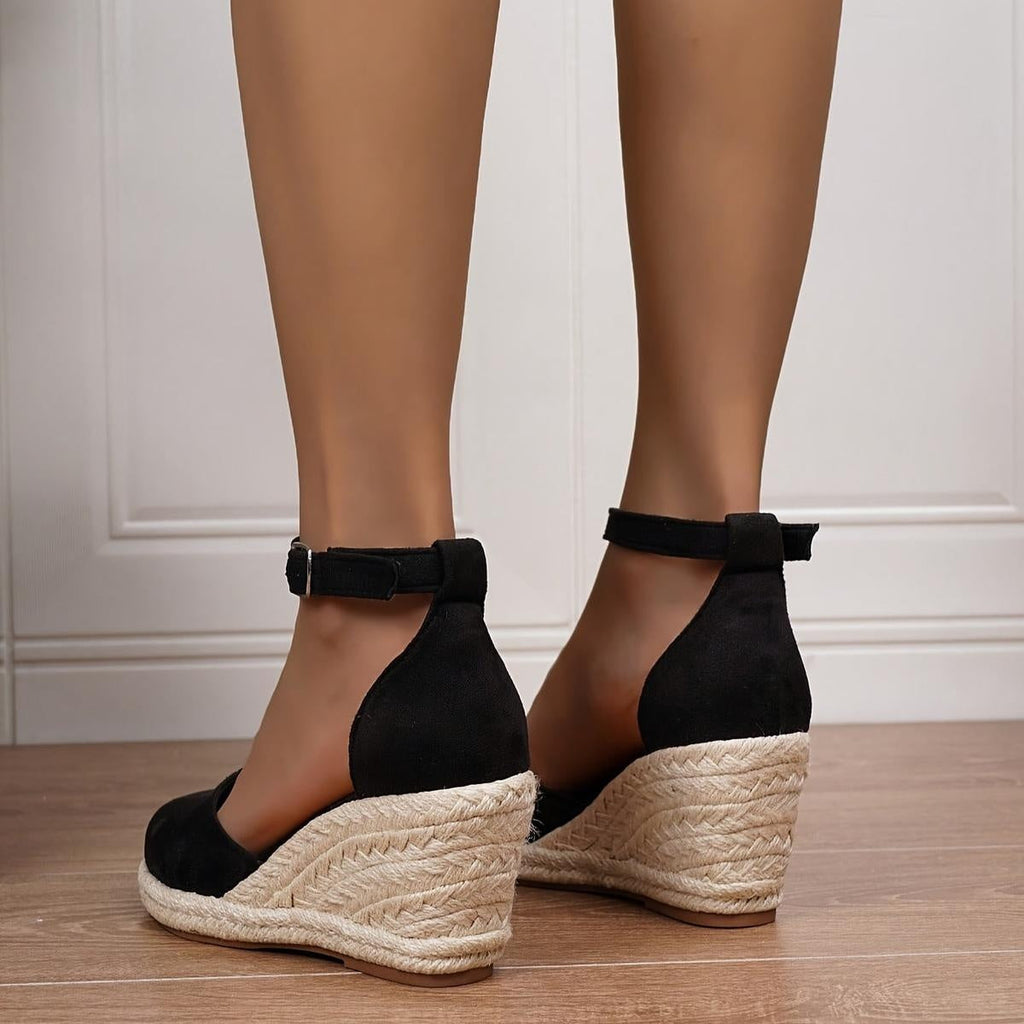 Sandalias de Cuña Plataforma Esparto Mujer Hebilla Tobillo