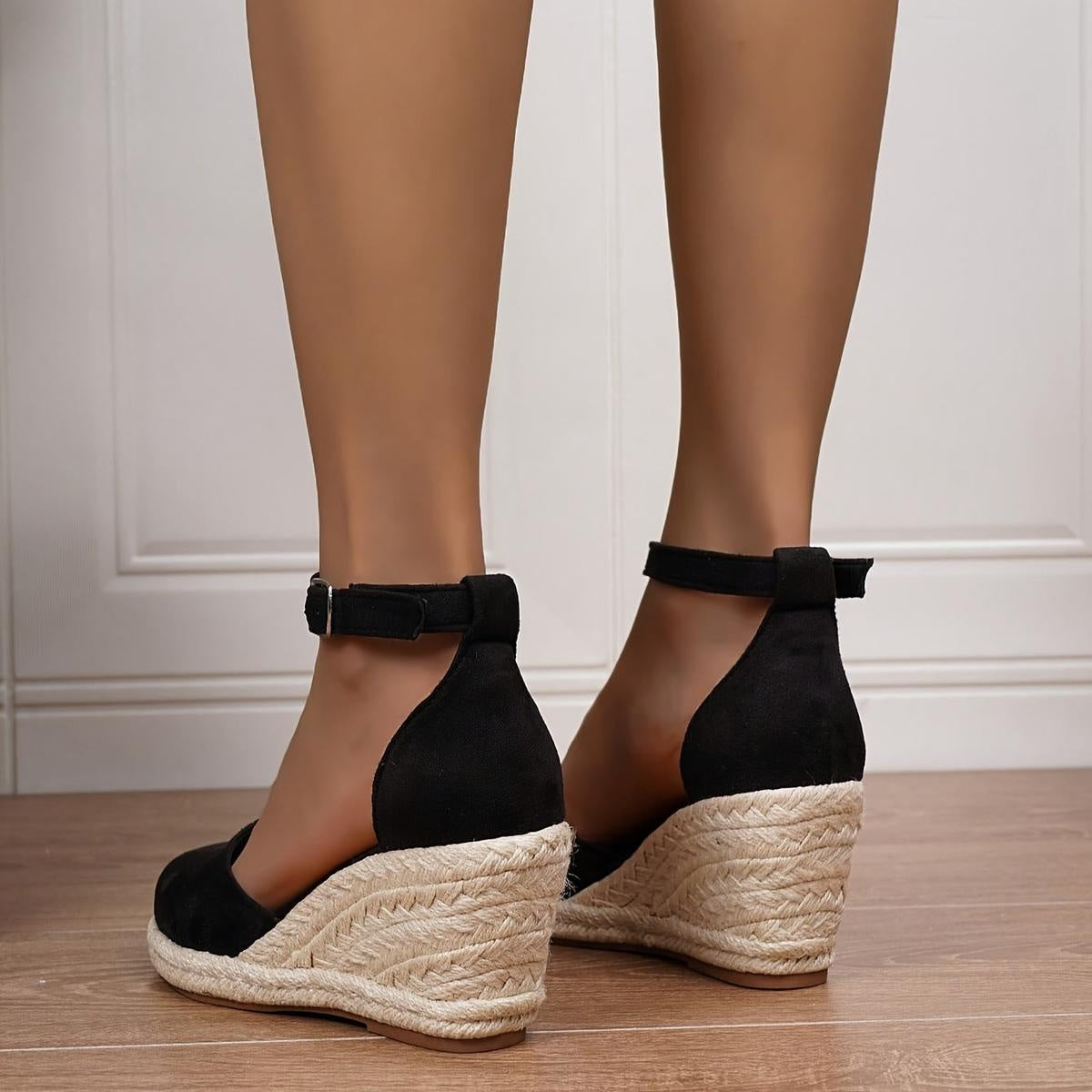 Sandalias de Cuña Plataforma Esparto Mujer Hebilla Tobillo