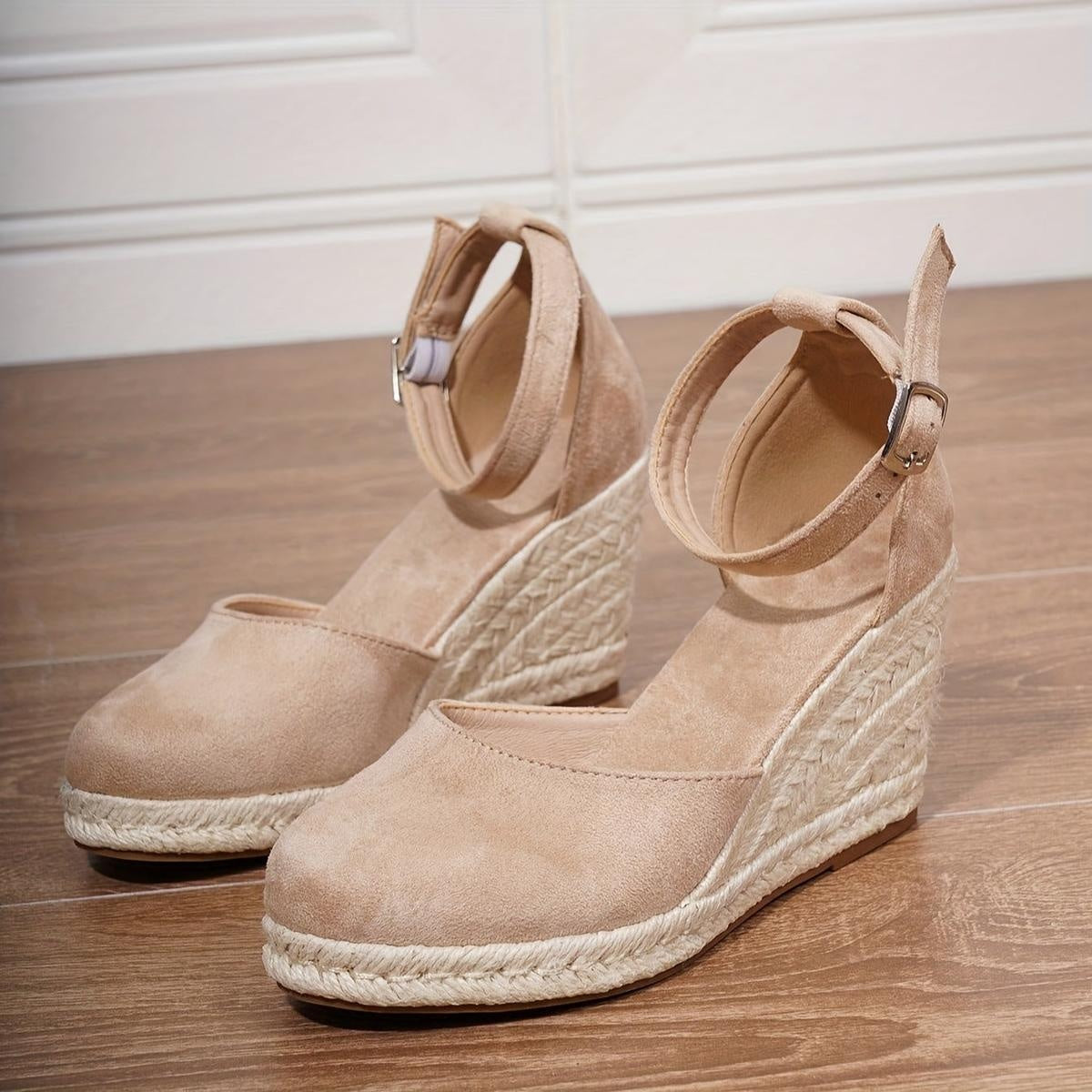 Sandalias de Cuña Plataforma Esparto Mujer Hebilla Tobillo