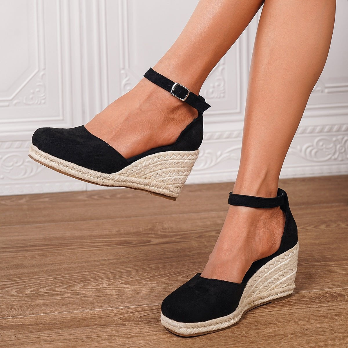 Sandalias de Cuña Plataforma Esparto Mujer Hebilla Tobillo