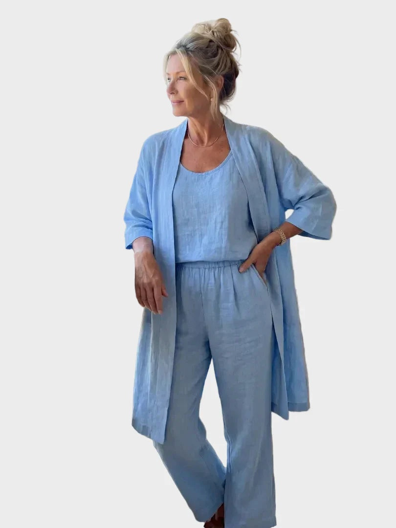Conjunto de Lino de Tres Piezas Mujer Corte Amplio