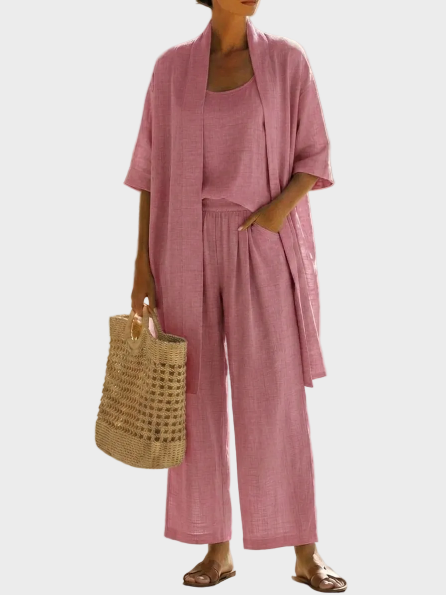 Conjunto de Lino de Tres Piezas Mujer Corte Amplio