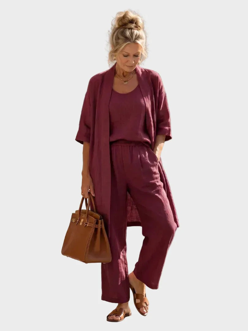 Conjunto de Lino de Tres Piezas Mujer Corte Amplio