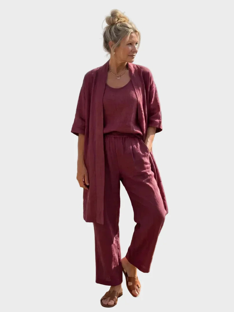 Conjunto de Lino de Tres Piezas Mujer Corte Amplio