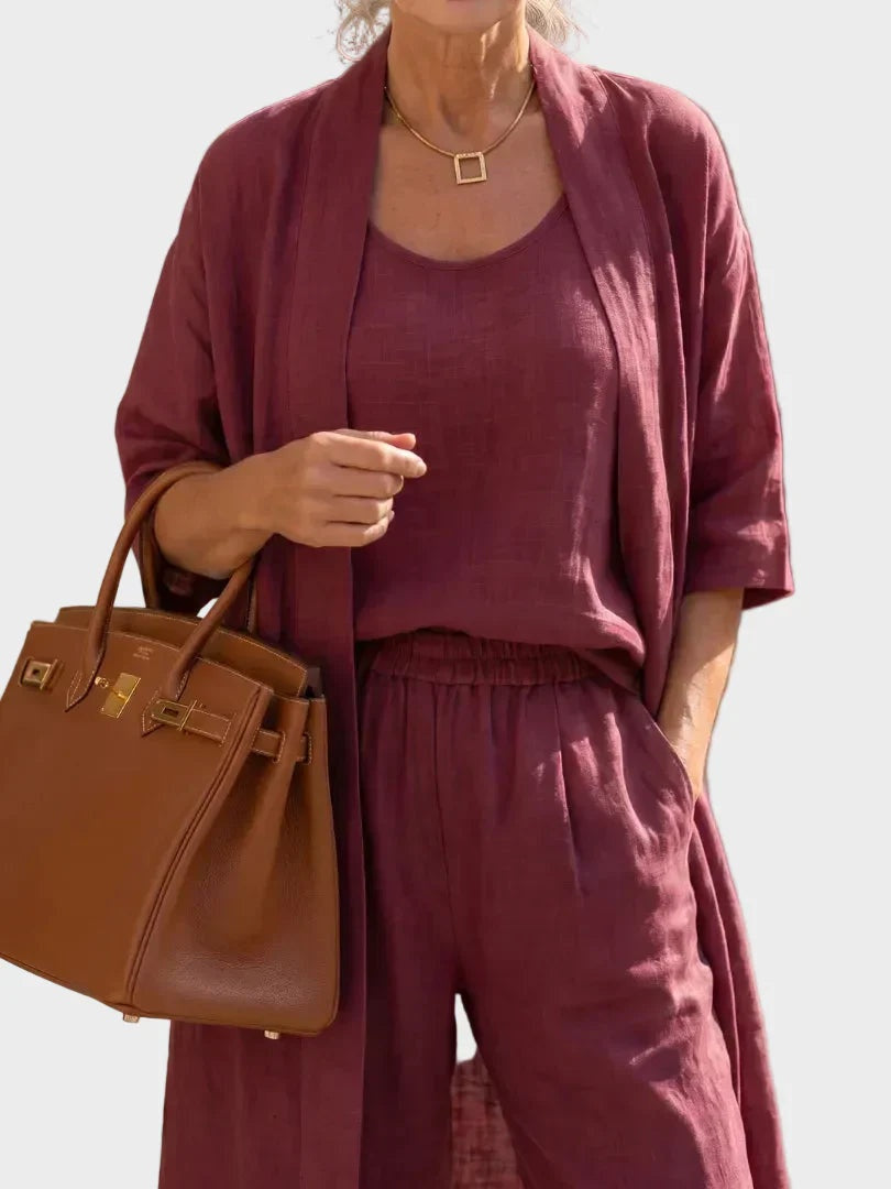 Conjunto de Lino de Tres Piezas Mujer Corte Amplio