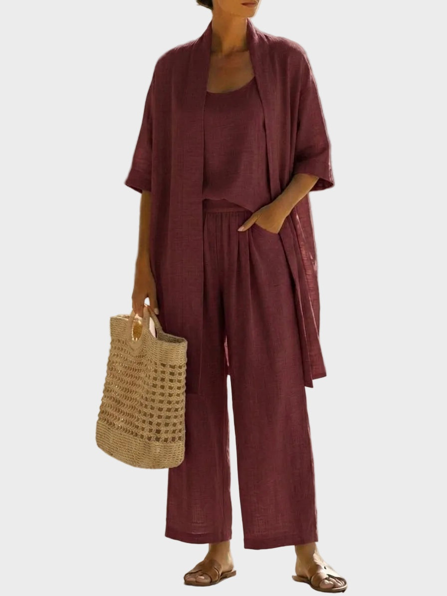 Conjunto de Lino de Tres Piezas Mujer Corte Amplio