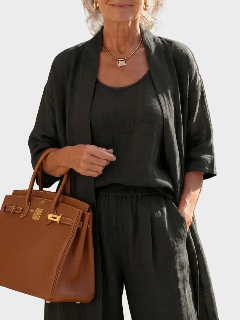 Conjunto de Lino de Tres Piezas Mujer Corte Amplio