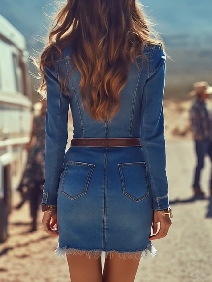 Vestido Corto Camisero Denim Mujer Manga Larga Cinturón