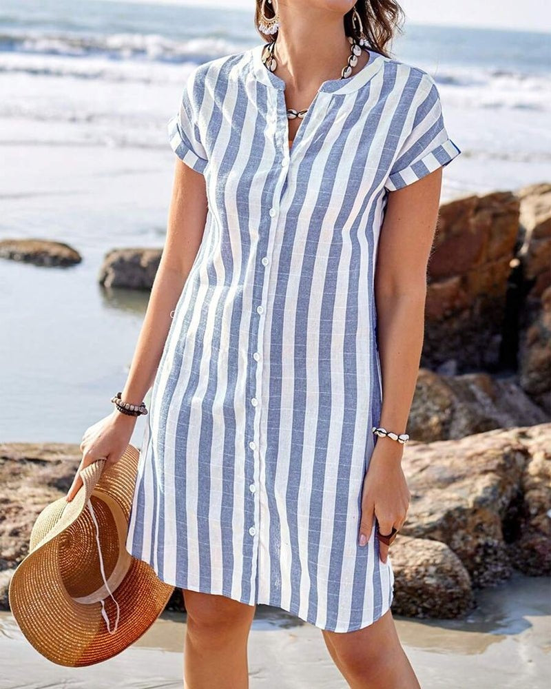 |Vestido Camisero Corto de Rayas Mujer Manga Corta