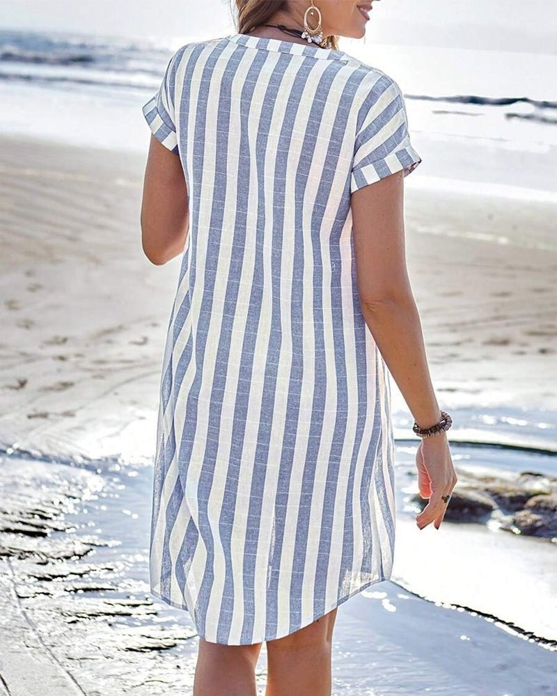 |Vestido Camisero Corto de Rayas Mujer Manga Corta