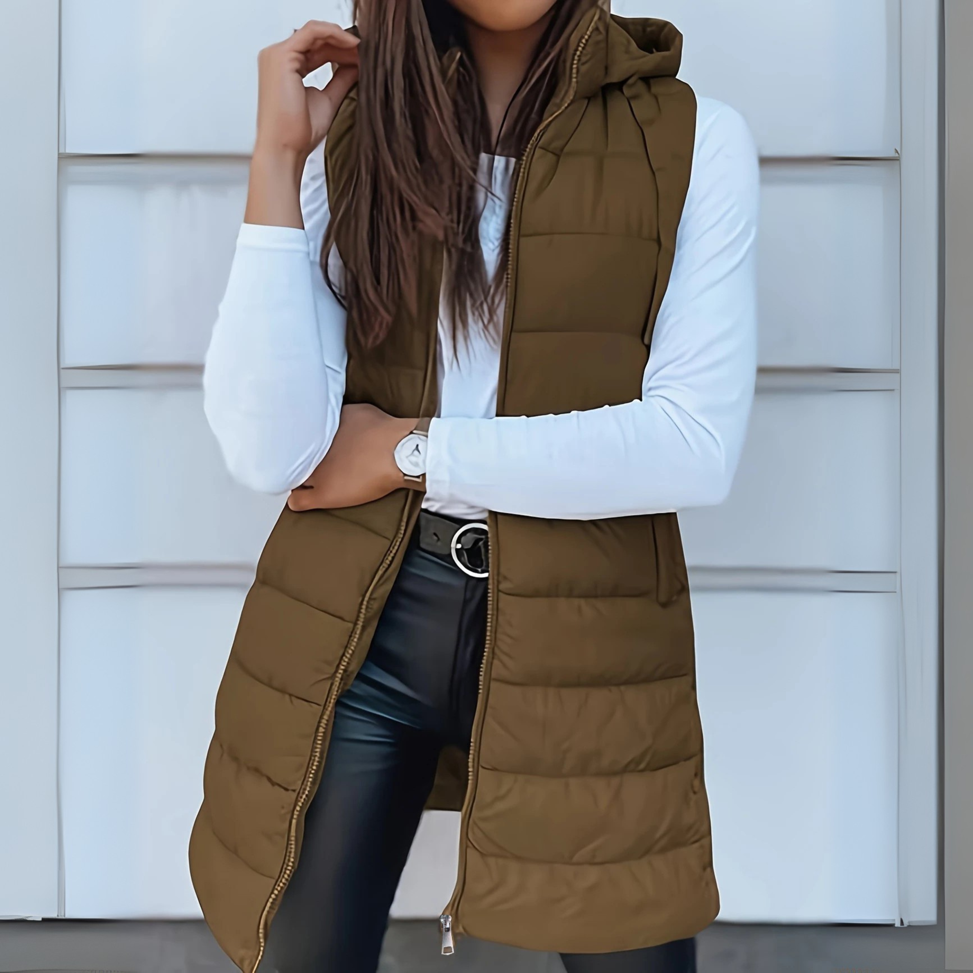Gilet Largo Acolchado con Capucha Mujer Sin Mangas