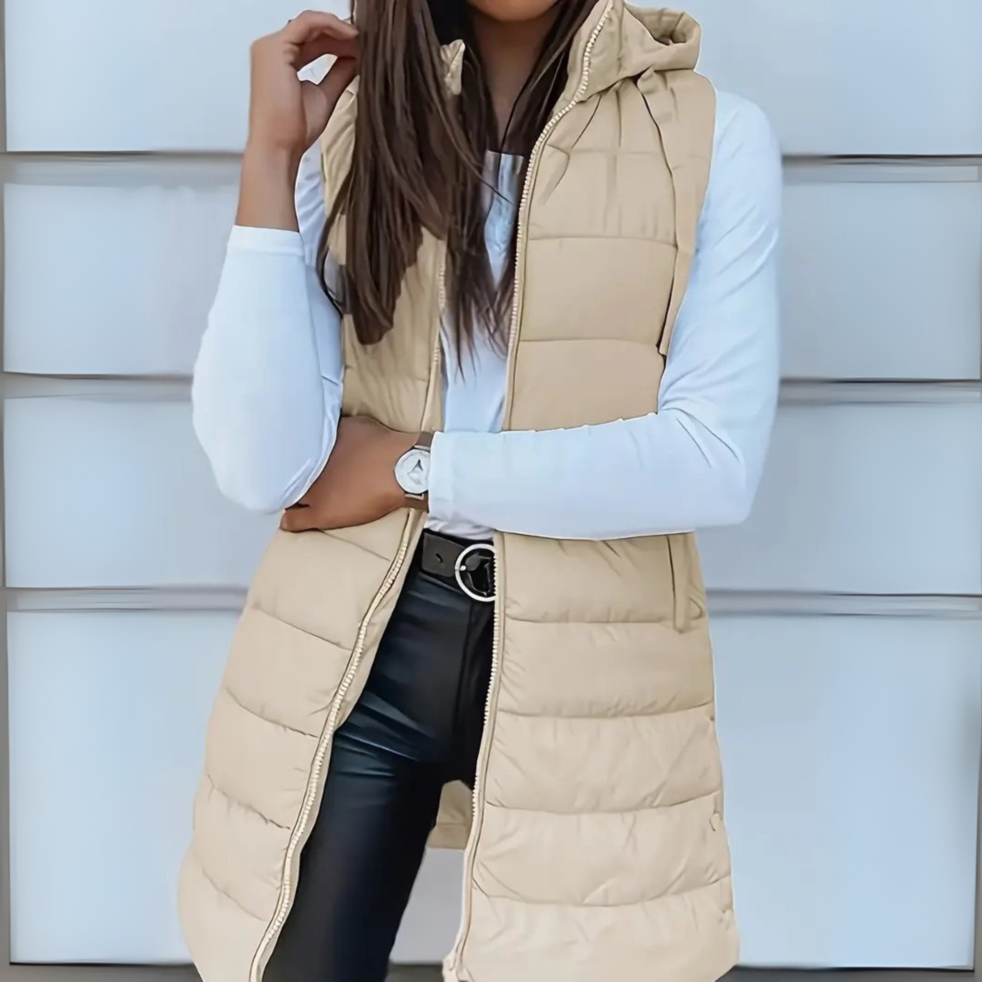 Gilet Largo Acolchado con Capucha Mujer Sin Mangas