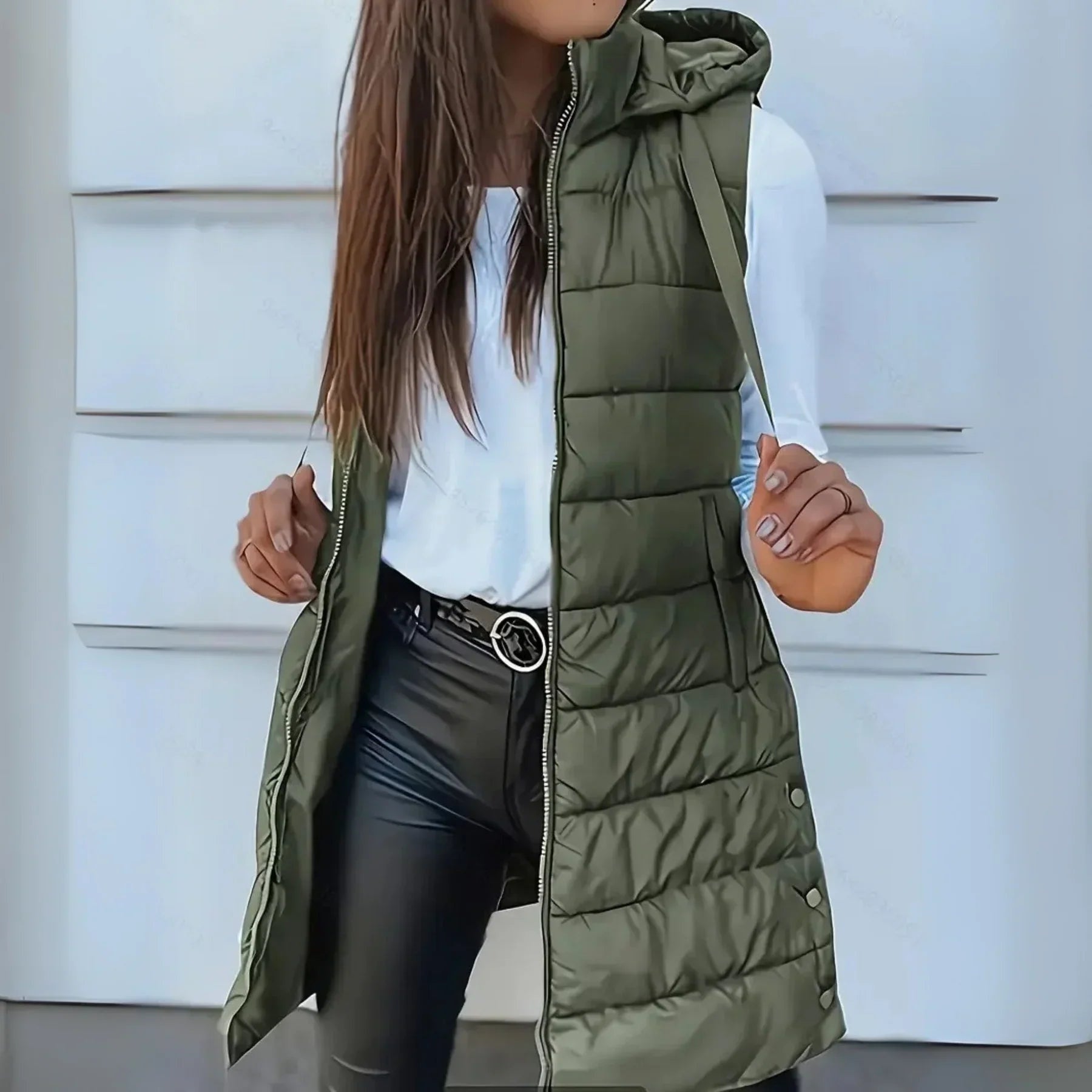 Gilet Largo Acolchado con Capucha Mujer Sin Mangas
