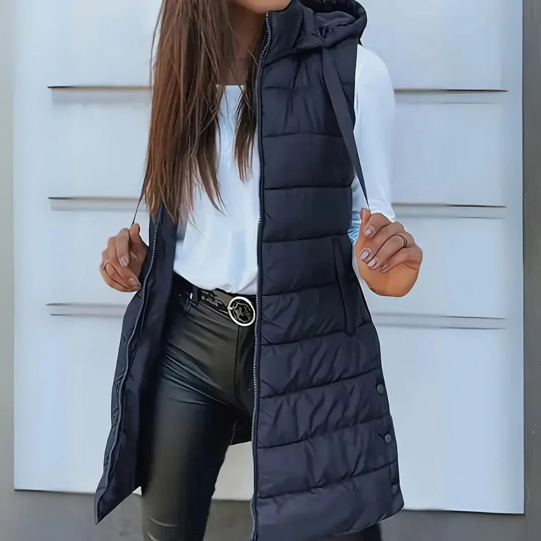 Gilet Largo Acolchado con Capucha Mujer Sin Mangas
