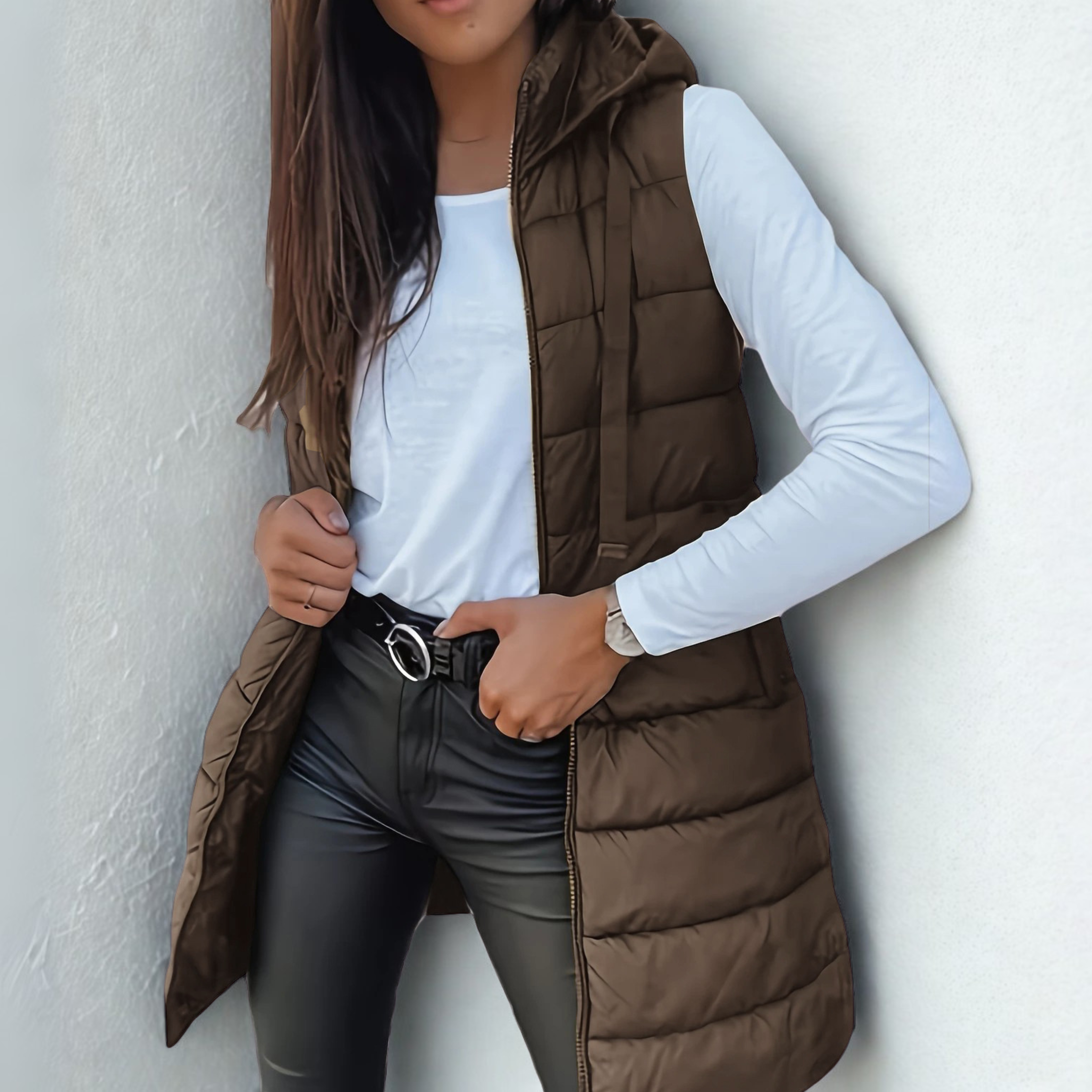Gilet Largo Acolchado con Capucha Mujer Sin Mangas