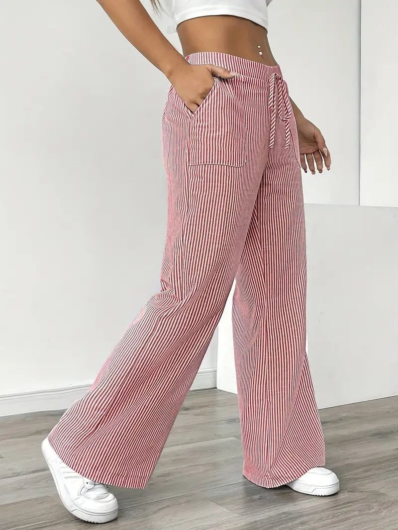 Pantalón de Lino a Rayas Palazzo Mujer Cintura Ajustable