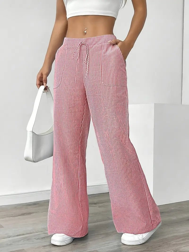 Pantalón de Lino a Rayas Palazzo Mujer Cintura Ajustable