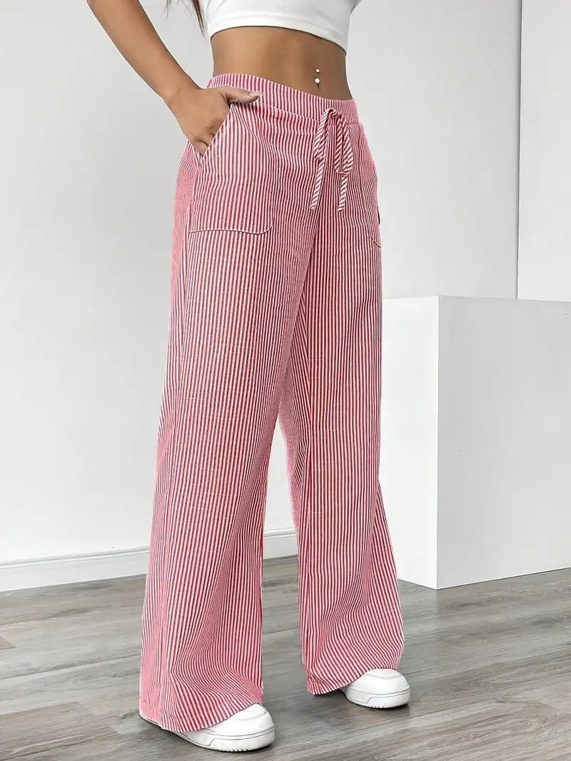 Pantalón de Lino a Rayas Palazzo Mujer Cintura Ajustable