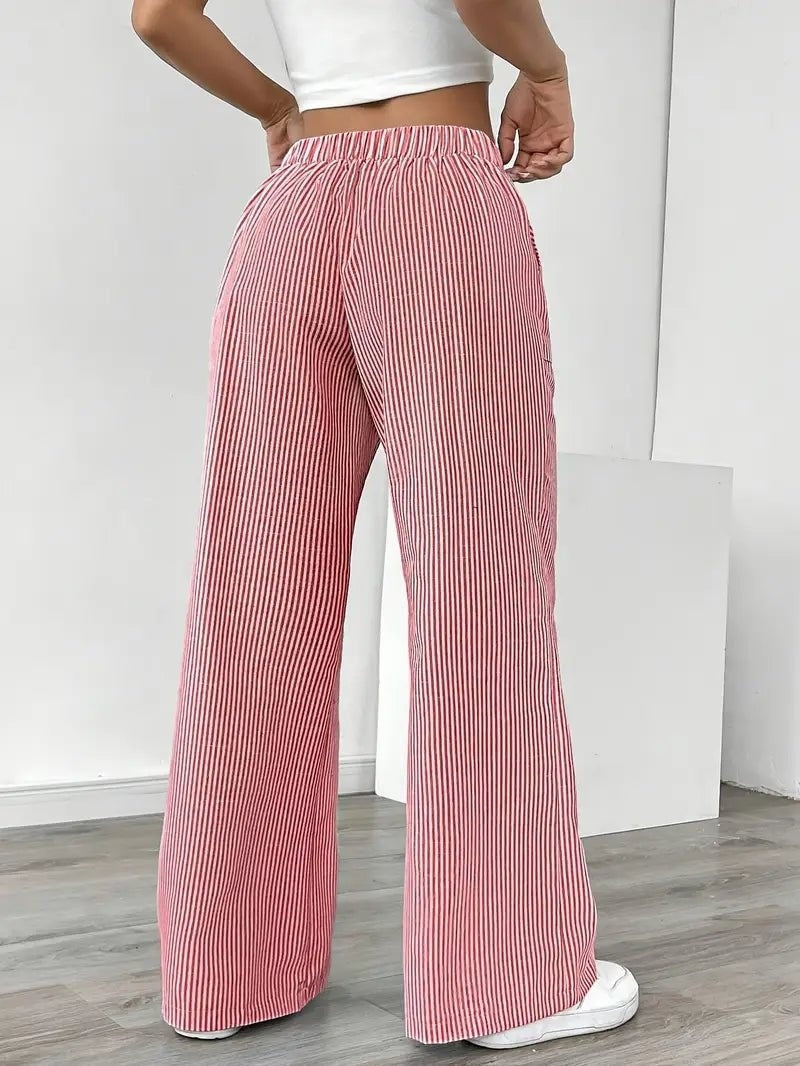 Pantalón de Lino a Rayas Palazzo Mujer Cintura Ajustable