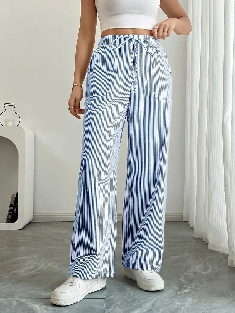 Pantalón de Lino a Rayas Palazzo Mujer Cintura Ajustable