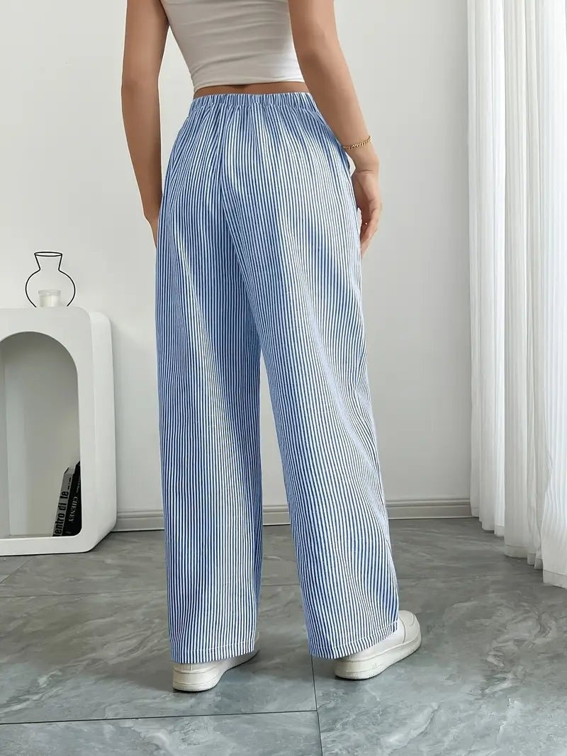 Pantalón de Lino a Rayas Palazzo Mujer Cintura Ajustable