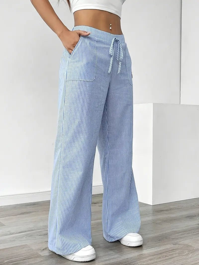 Pantalón de Lino a Rayas Palazzo Mujer Cintura Ajustable