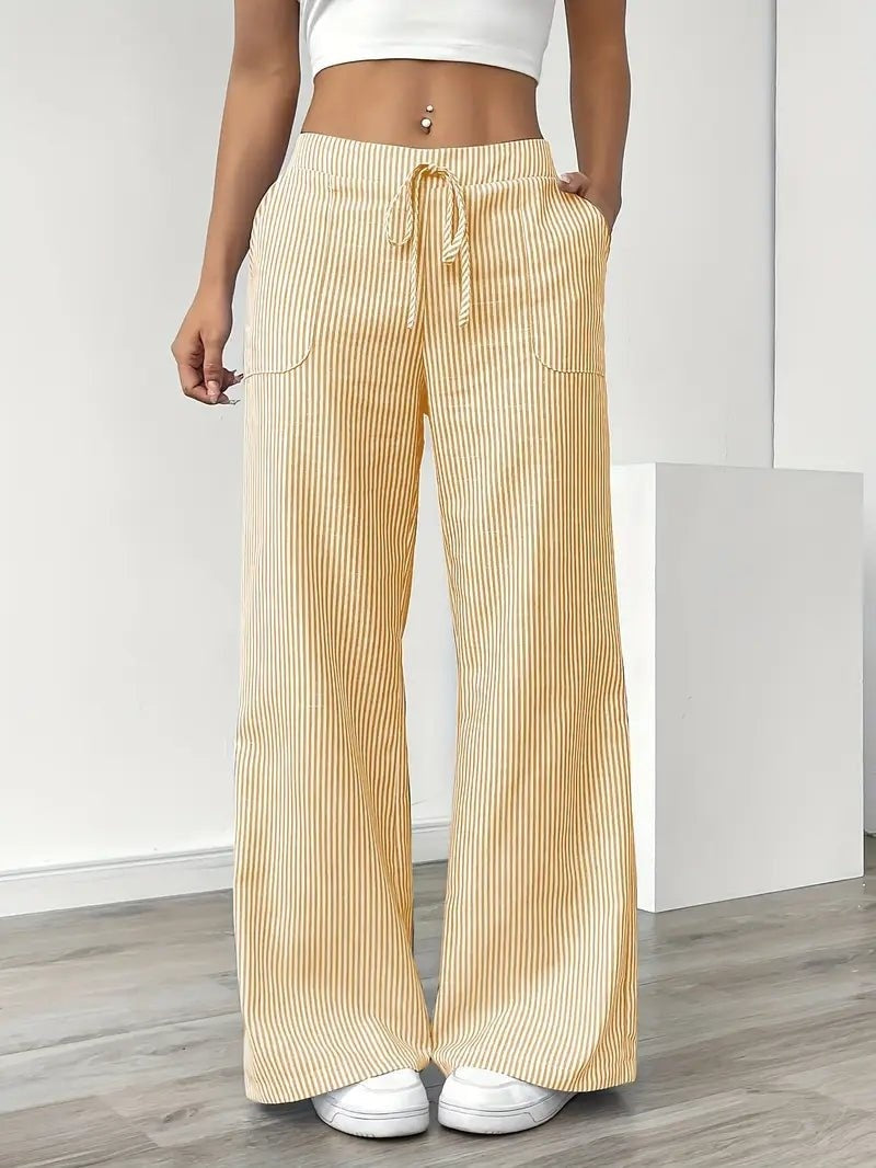 Pantalón de Lino a Rayas Palazzo Mujer Cintura Ajustable
