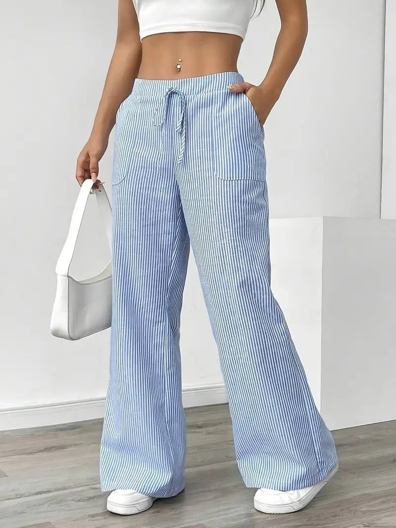 Pantalón de Lino a Rayas Palazzo Mujer Cintura Ajustable