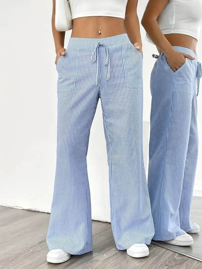 Pantalón de Lino a Rayas Palazzo Mujer Cintura Ajustable