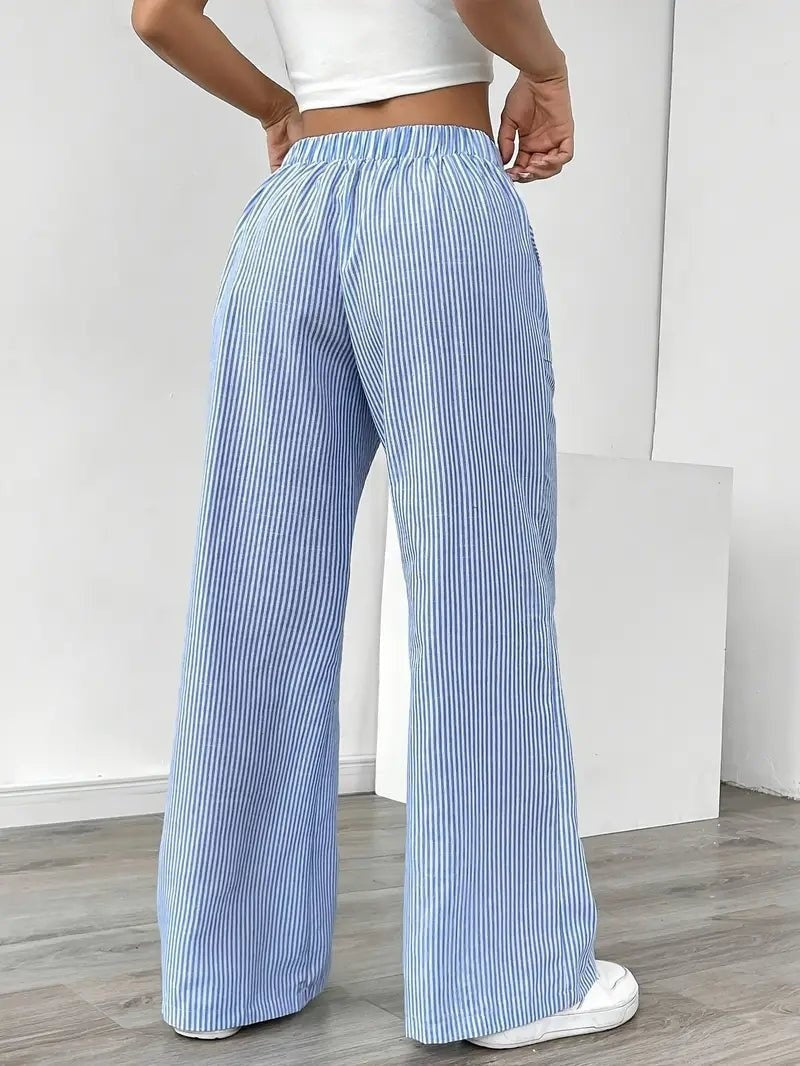 Pantalón de Lino a Rayas Palazzo Mujer Cintura Ajustable