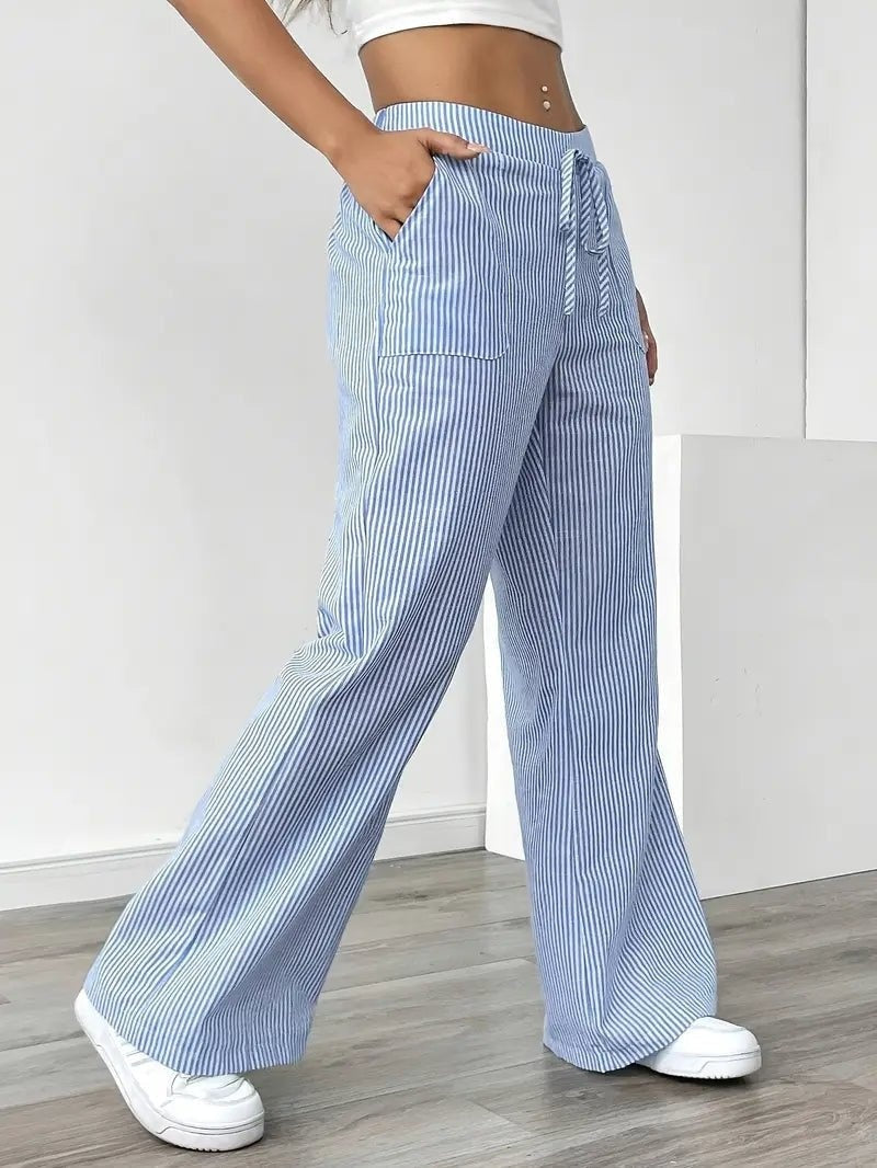 Pantalón de Lino a Rayas Palazzo Mujer Cintura Ajustable