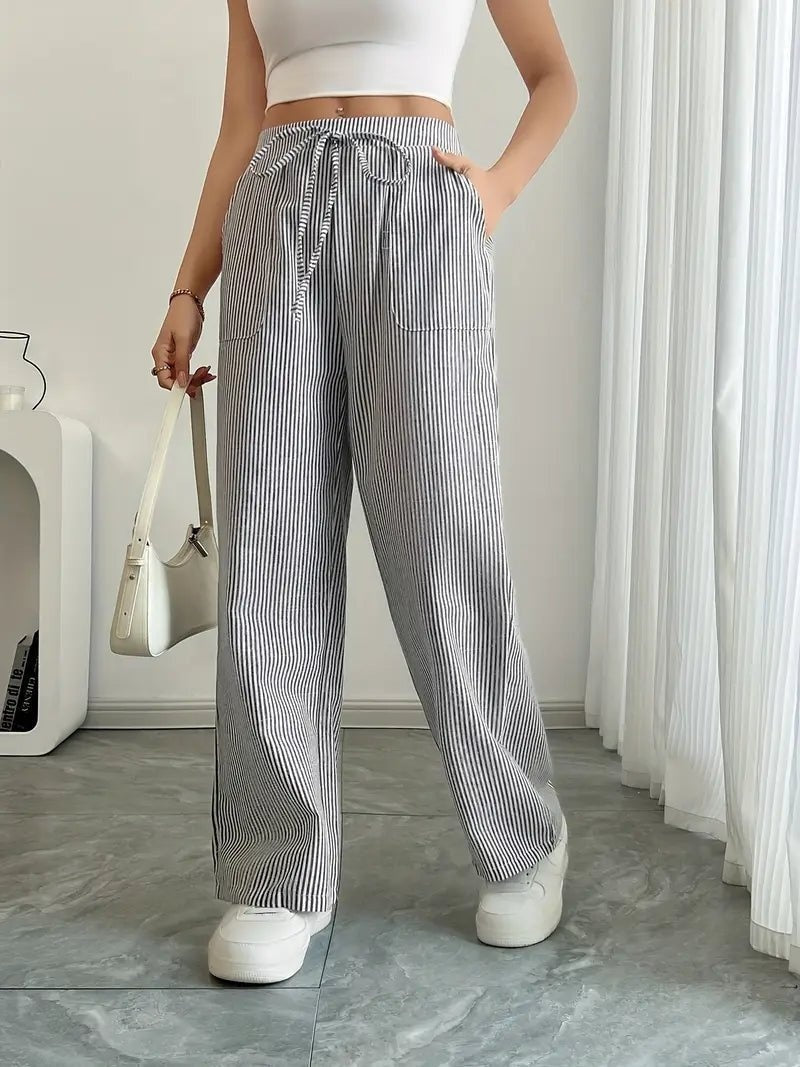 Pantalón de Lino a Rayas Palazzo Mujer Cintura Ajustable