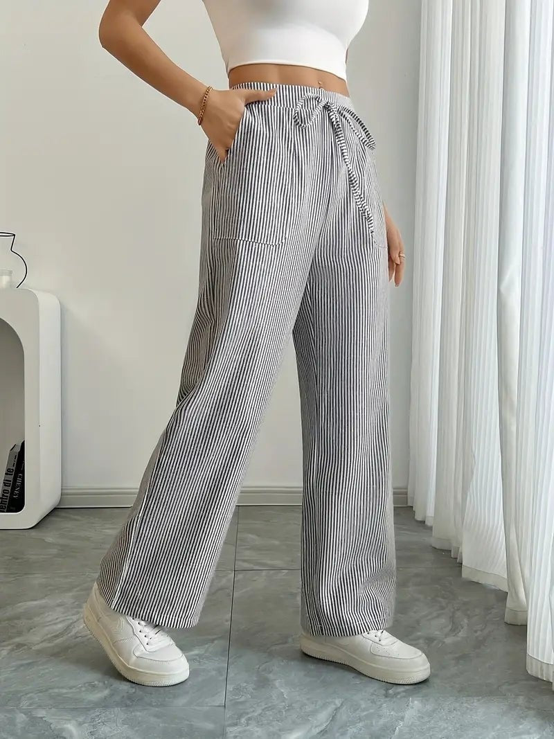 Pantalón de Lino a Rayas Palazzo Mujer Cintura Ajustable