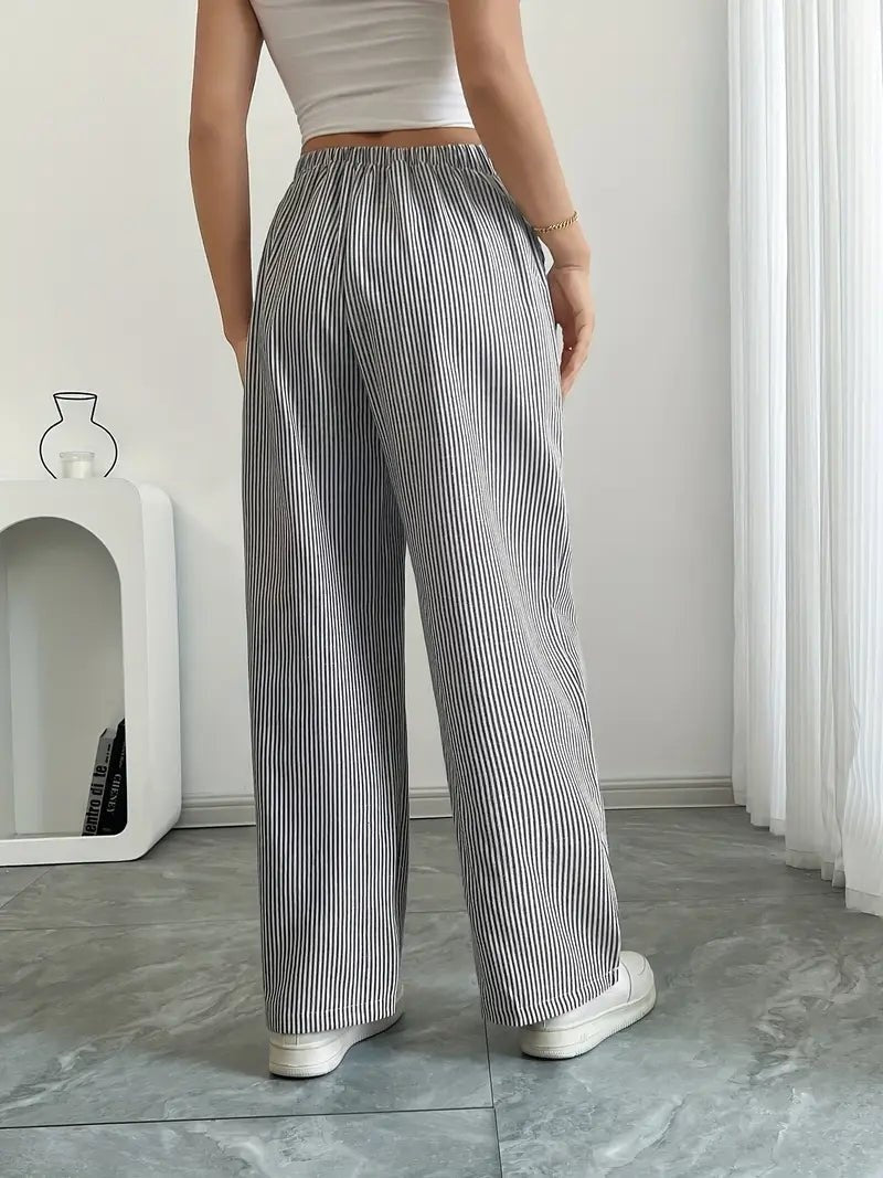 Pantalón de Lino a Rayas Palazzo Mujer Cintura Ajustable