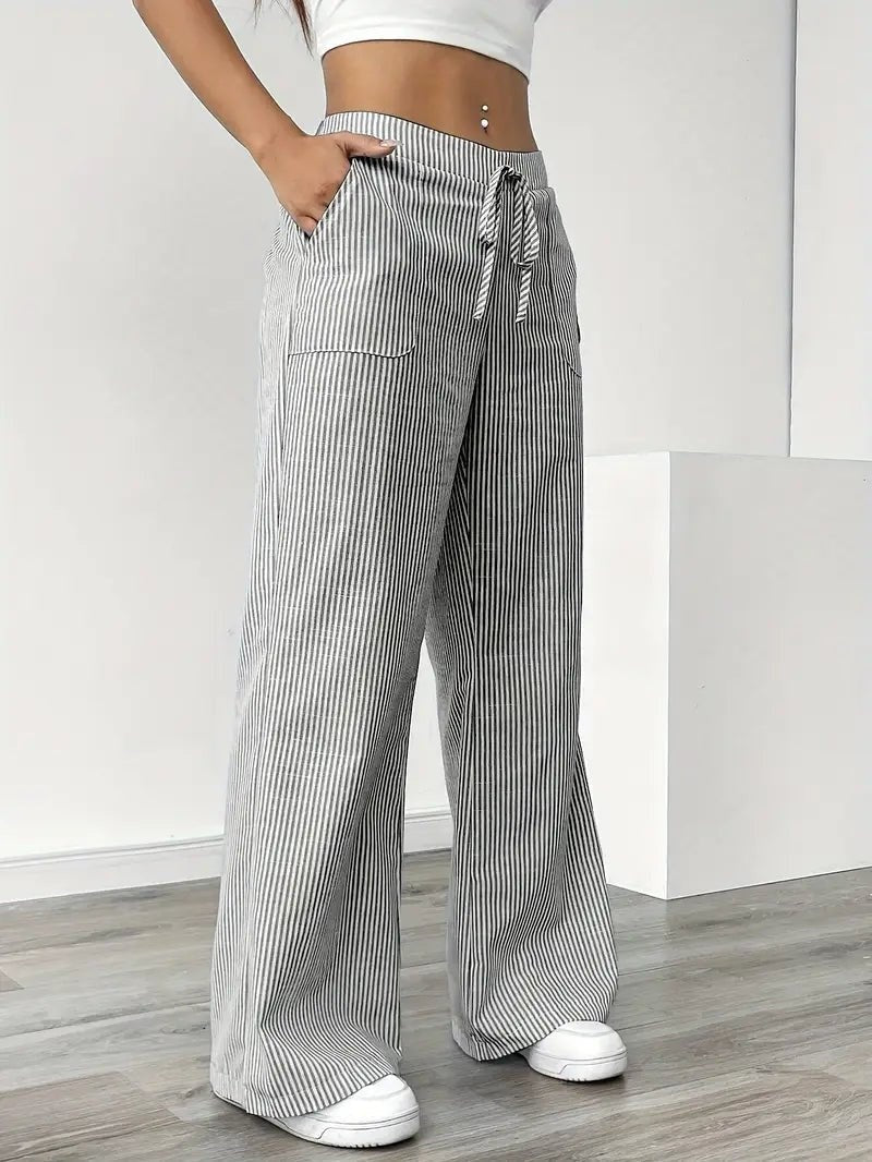 Pantalón de Lino a Rayas Palazzo Mujer Cintura Ajustable
