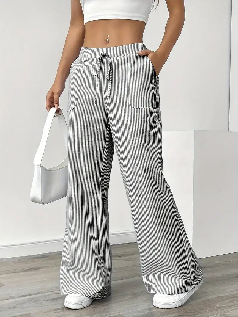 Pantalón de Lino a Rayas Palazzo Mujer Cintura Ajustable