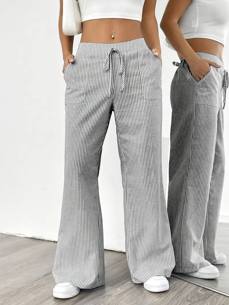 Pantalón de Lino a Rayas Palazzo Mujer Cintura Ajustable