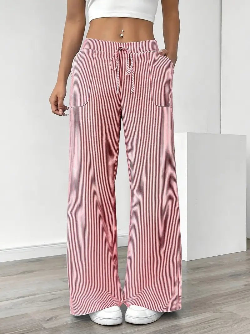 Pantalón de Lino a Rayas Palazzo Mujer Cintura Ajustable