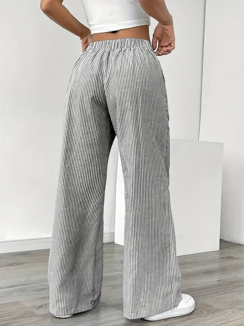 Pantalón de Lino a Rayas Palazzo Mujer Cintura Ajustable