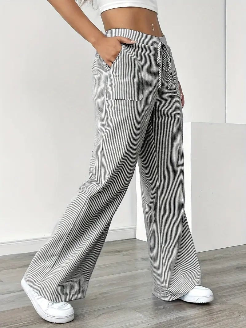 Pantalón de Lino a Rayas Palazzo Mujer Cintura Ajustable