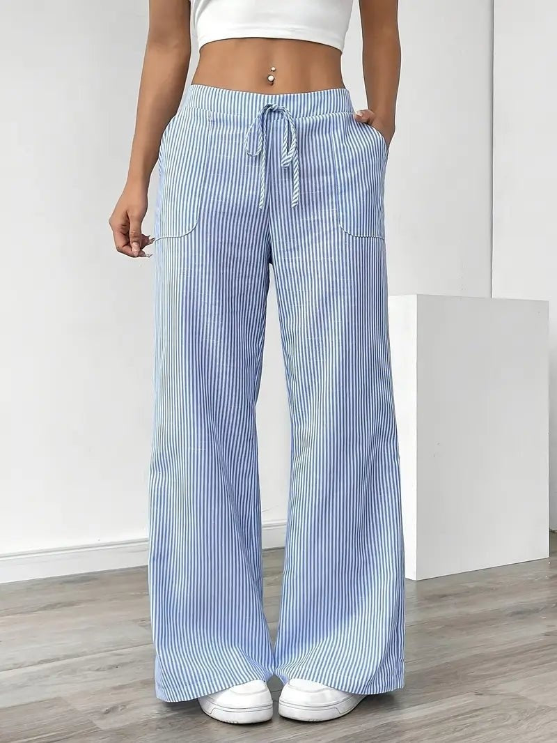 Pantalón de Lino a Rayas Palazzo Mujer Cintura Ajustable