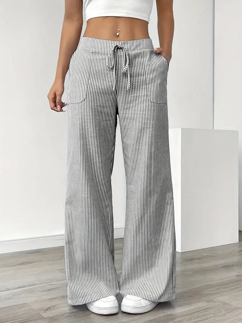 Pantalón de Lino a Rayas Palazzo Mujer Cintura Ajustable