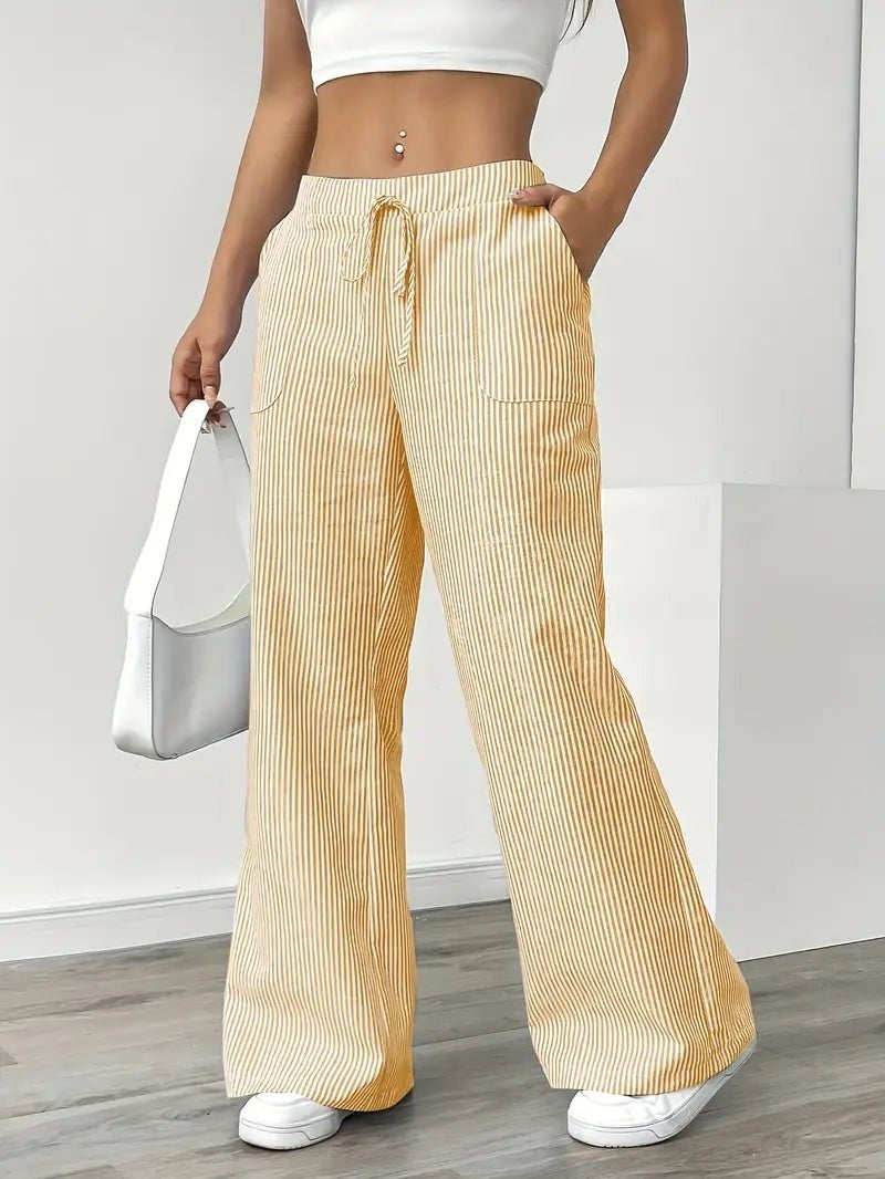 Pantalón de Lino a Rayas Palazzo Mujer Cintura Ajustable