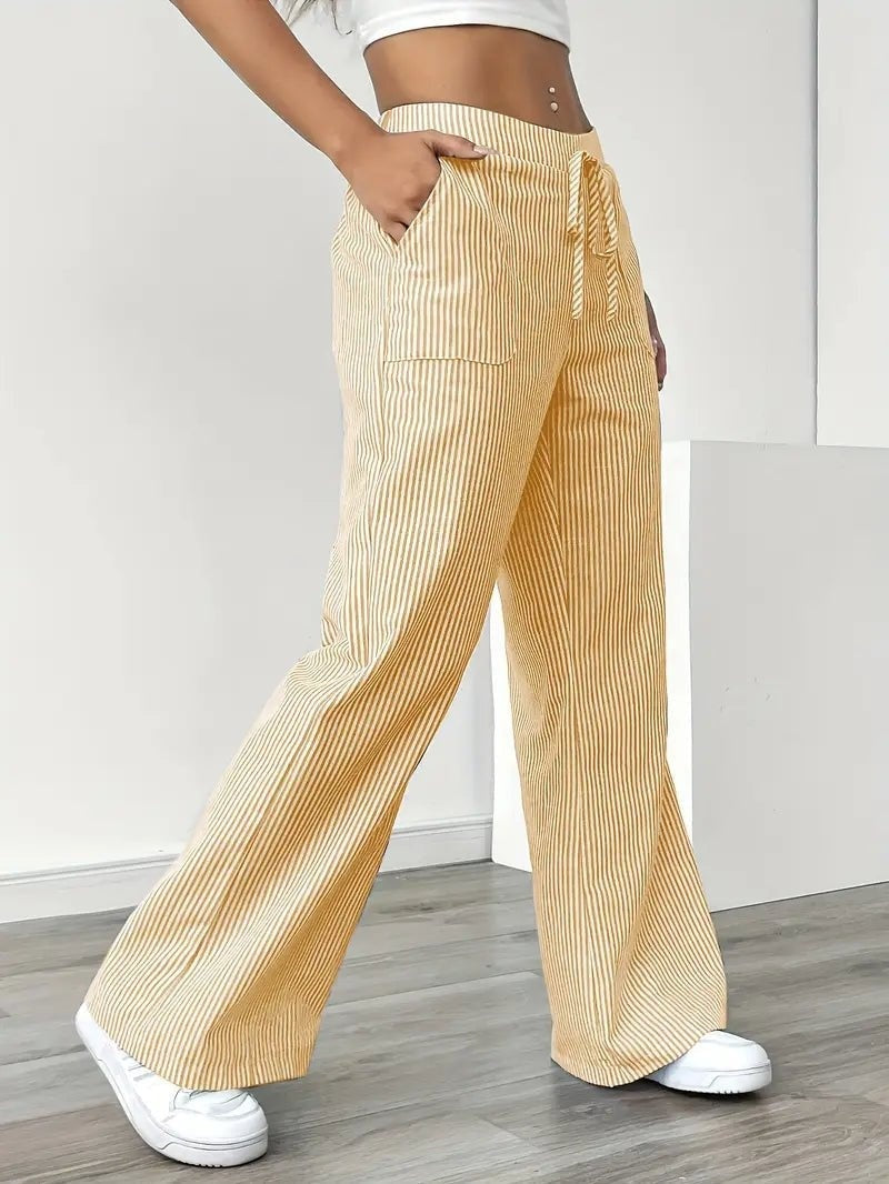 Pantalón de Lino a Rayas Palazzo Mujer Cintura Ajustable